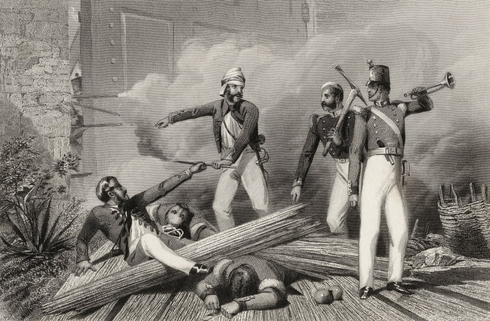 Blowing Up Of The Cashmere Gate At Delhi From The History Of The Indian Mutiny Published 1858 Canvas Art - Ken Welsh Design Pics (36 x 22)