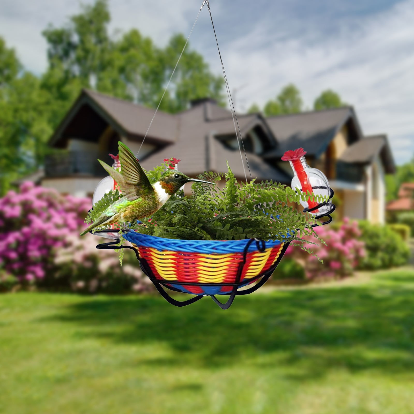 Blown Glass Hummingbird Feeder Hanging Bird Feeder, Outdoor Bird Feeder, Proof Yard Accent, Patio Hanging Station, 2 Pc