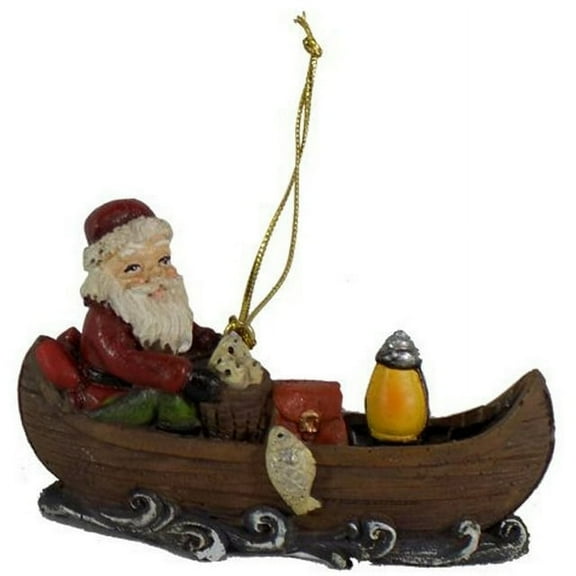 Blown Glass Santa Fishing In a Power Boat Hanging Ornament