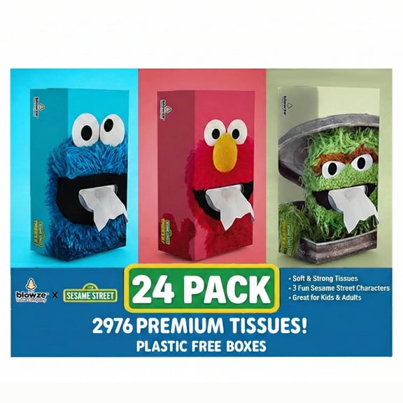 Blowze Sesame Street Sneeze Facial Tissues - Premium Fun Design Tissues for Kids - Gentle & Absorbent Relief for Sniffles | 24 Packs (2,976 Total Count/124 Each Box)