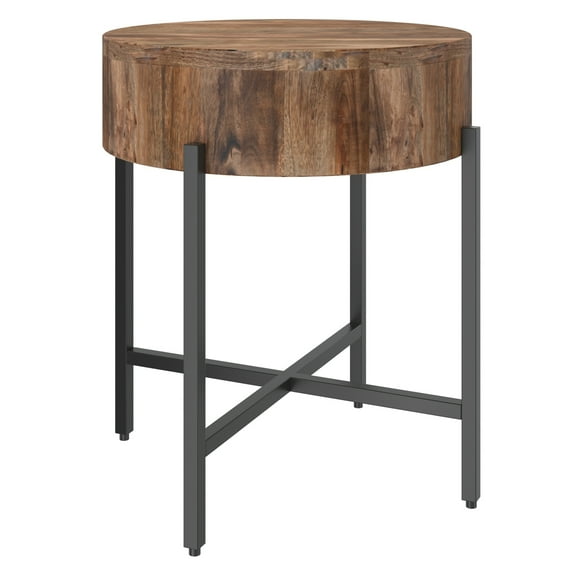 Contemporary Solid Wood and Iron Round Accent Table Natural and Black
