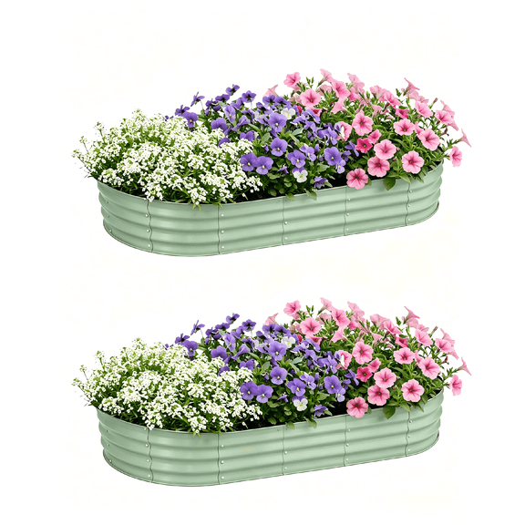 Bloyapix 6x3x1ft 2Pcs Galvanized Raised Garden Bed Outdoor, Oval Galvanized Planter Boxes, Metal Patio Planting Bed Kit for Vegetables Flowers, Green