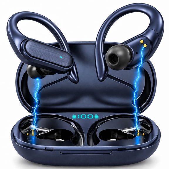 Bloydek Bluetooth Earbuds Wireless Headphones with Ear Hook, IPX5 Sweatproof Sports Earbuds, LED Display Charging Case, Built-in Mic for Gym Running Workout Blue