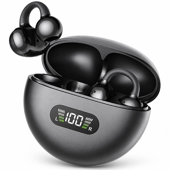 Bloydek Open Ear Clip On Earbuds, Bluetooth 5.4 Non-In-Ear Wireless Earbuds, IPX5 Waterproof, Surround Stereo Sound, LED Power Display for Sports, Black