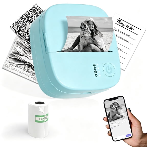 Blozor Inkless Thermal Printer, Wireless Bluetooth Pocket Photo Label Maker with 4 Rolls Paper, Portable Sticker Printer for Notes Office School, Perfect Gift-Blue