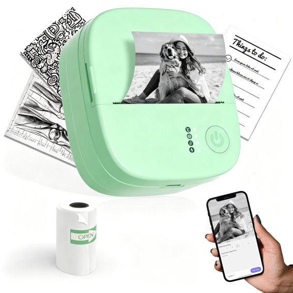 Blozor Inkless Thermal Printer, Wireless Bluetooth Pocket Photo Label Maker with 4 Rolls Paper, Portable Sticker Printer for Notes Office School, Perfect Gift-Green