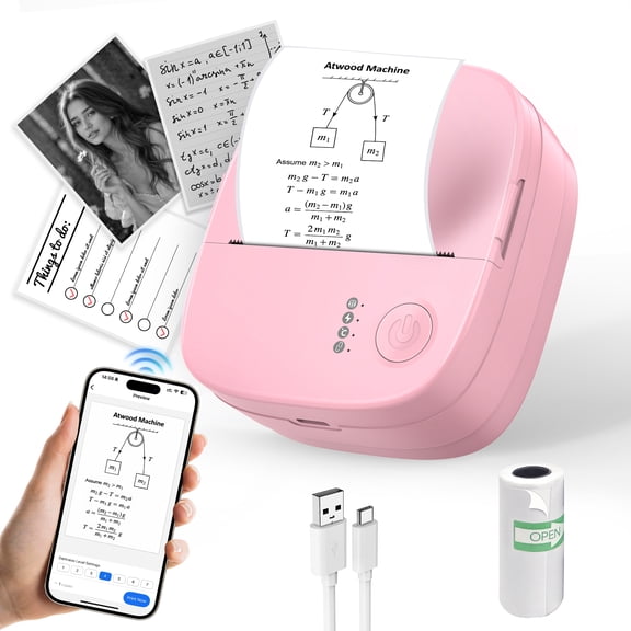 Mini Thermal Printer Bluetooth No‑Ink Sticker Maker Portable Pocket Printer for Notes Kids Gift (Pink)