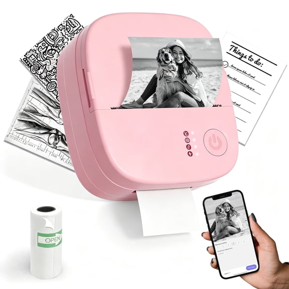 Blozor Inkless Thermal Printer, Wireless Bluetooth Pocket Photo Label Maker with 4 Rolls Paper, Portable Sticker Printer for Notes Office School, Perfect Gift-Pink