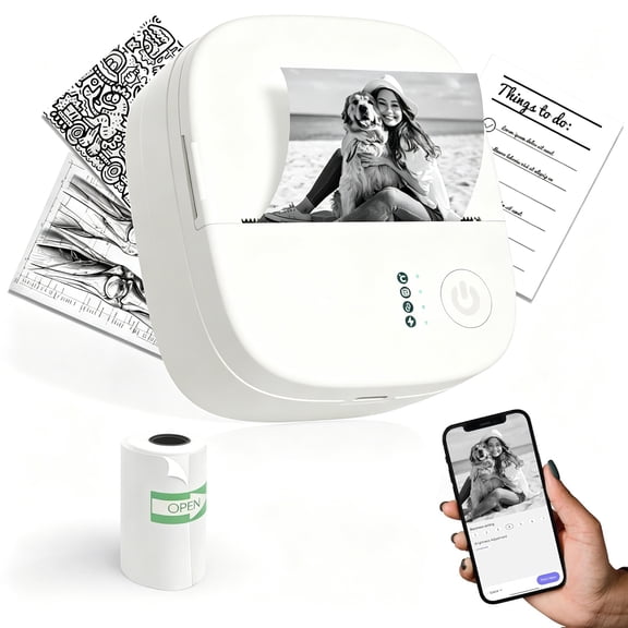 Blozor Inkless Thermal Printer, Wireless Bluetooth Pocket Photo Label Maker with 4 Rolls Paper, Portable Sticker Printer for Notes Office School, Perfect Gift-White