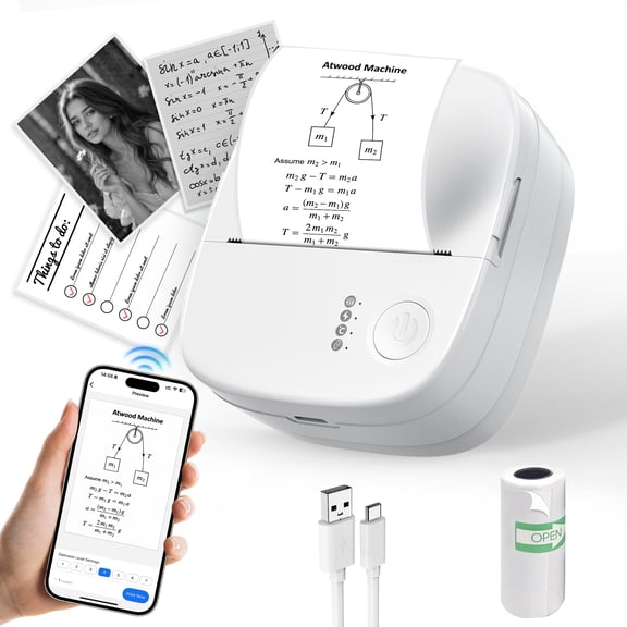 Mini Thermal Printer Bluetooth No‑Ink Sticker Maker Portable Pocket Printer for Notes Kids Gift (White)