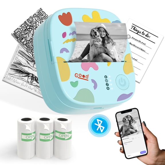 Blozor Mini Thermal Printer XenGro AH-M2,Portable Inkless Sticker Maker with 4 Rolls Paper,Bluetooth Pocket Photo Printer for Notes Kids Gift (Blue)