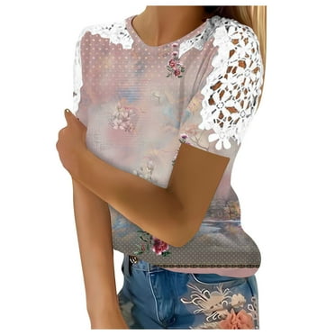 Blphud Basic Tops for Woman Womens Summer Tops 2024 Retro Shirts Large Size Womens Short Sleeve Womens Tops Summer Fashion Lace Crochet Crewneck Shirts Casual Blouses Women Work Shirts Pink XXL