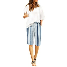Women Summer Striped Mid Elastic Waist Casual Short Women Summer Striped Mid Elastic Waist Casual Short