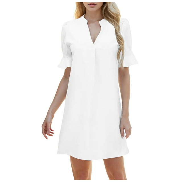 Blphud Fashion Dresses for Women Trendy Dress for Women Summer New Solid Color V Neck Loose Pleated Five Sleeve Dress Woman Knee Length Dresses Summer Dresses for Women 2024 White XXL