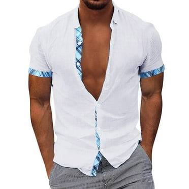 Blphud Lightweight T Shirts for Men Lightweight Short Sleeve Shirt Men Beach Holiday Shirt Short Sleeve Cardigan Shirt Mens Button Contrast Lapel Shirt Exercise Short White XXXL