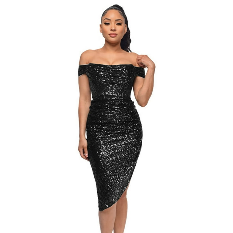 Blphud Prom Dresses 2024 Party Dresses plus Size for Women 2024 French Style Off Shoulder Solid Color Dress With Sexy Vibe And Sparkling Sequins Formal Dresses for Women Black S Walmart