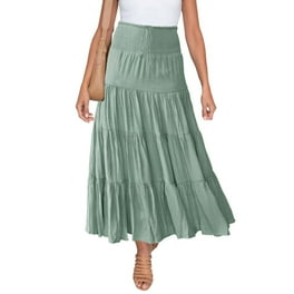 OAVQHLG3B Fashion Women Maxi Skirt Solid Color Casual Smocked Tiered Lace up Loose Ruched Ruffles Summer Elastic Waist Skirts Walmart