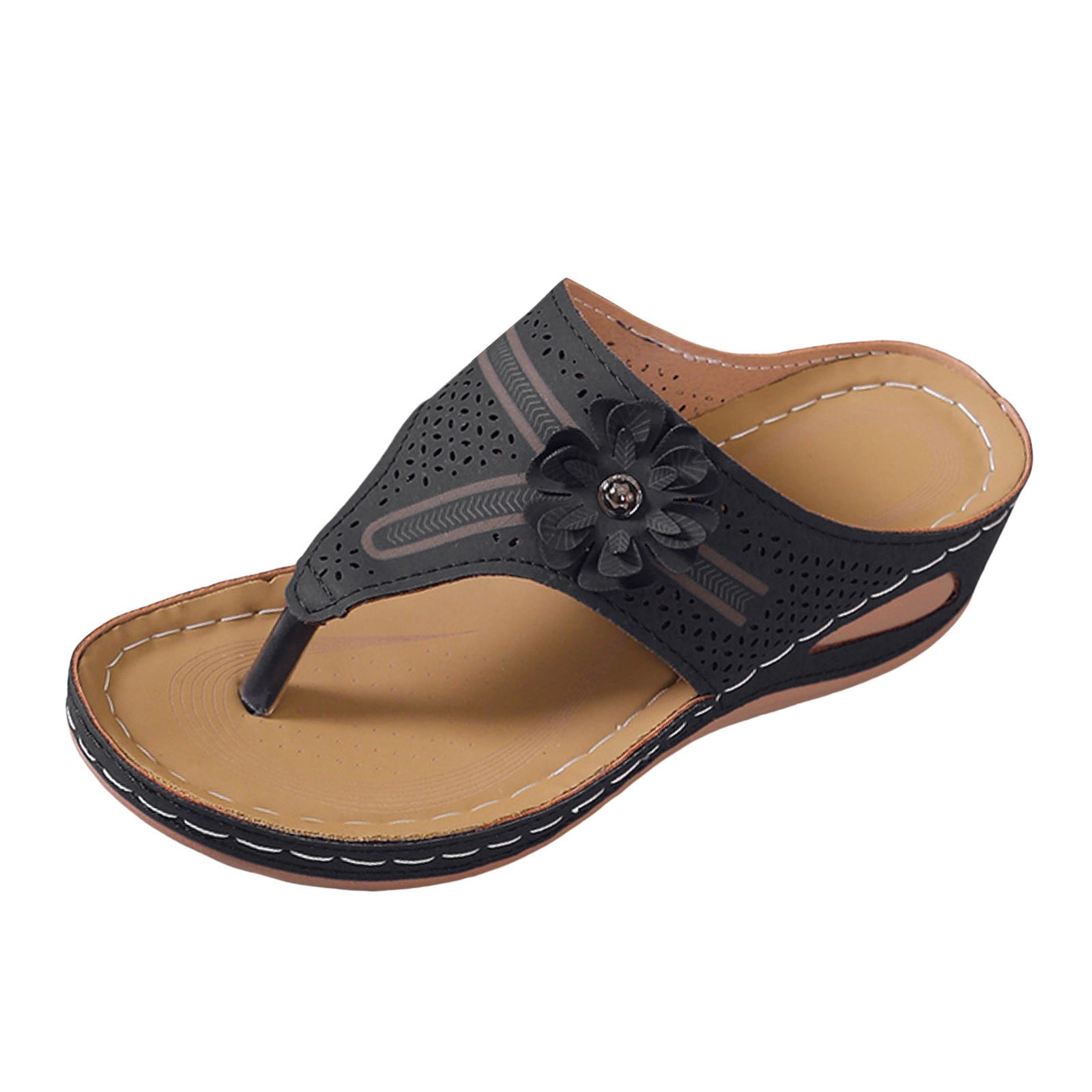Blphud Summer Shoes for Women 2024 Trendy Sandals for Women Women Shoes Wedge Thick Soled Sandals Fashionable Flip Toe Floral Bohemian Beach Sandals for Women Sandals Black 39
