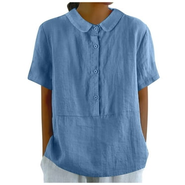 Blphud T Shirt for Women Womens Loose Tops Casual Women's Retro Fashion Solid Color Loose Casual Turndown Neck Shirt Summer Short Sleeved Tops Blouses Women Blue XXL