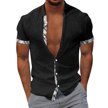 Blphud Tshirts Men Lightweight Short Sleeve Shirt Men Beach Holiday Shirt Short Sleeve Cardigan Shirt Mens Button Contrast Lapel Shirt Exercise Short Black M