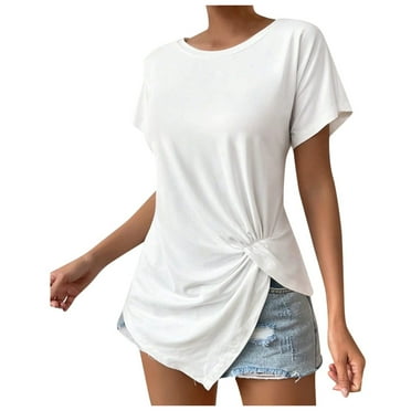 Blphud Women Graphic T Shirt Womens Summer Tops Short Sleeve Summer Tee Shirts Women Women's Irregular Hem Short Sleeved Solid Color Round Neck Bat Sleeved T Shirt Oversized Shirt White S