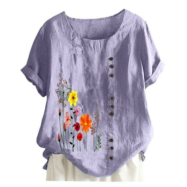 Blphud Women's Casual Tops Womens Summer Tops Short Sleeve Basics Short Sleeve Shirt Women Women's Pullover Round Neck Vintage Cotton and Linen Print Loose Short Sleeve Blouse Dark Purple XL