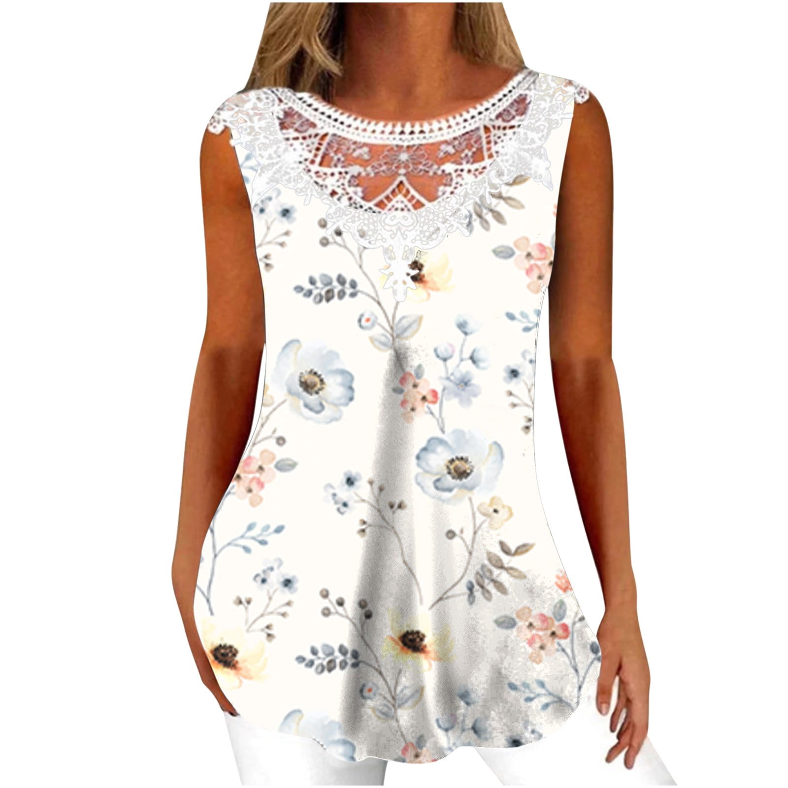 Blphud Women's Clearance Tops Active Tops for Women Tunic for Women Loose T Shirt Womens Summer Tops Vest Fit Comfy Fashion Flowy Sleeveless Round Neck Lace Blouse White XXL