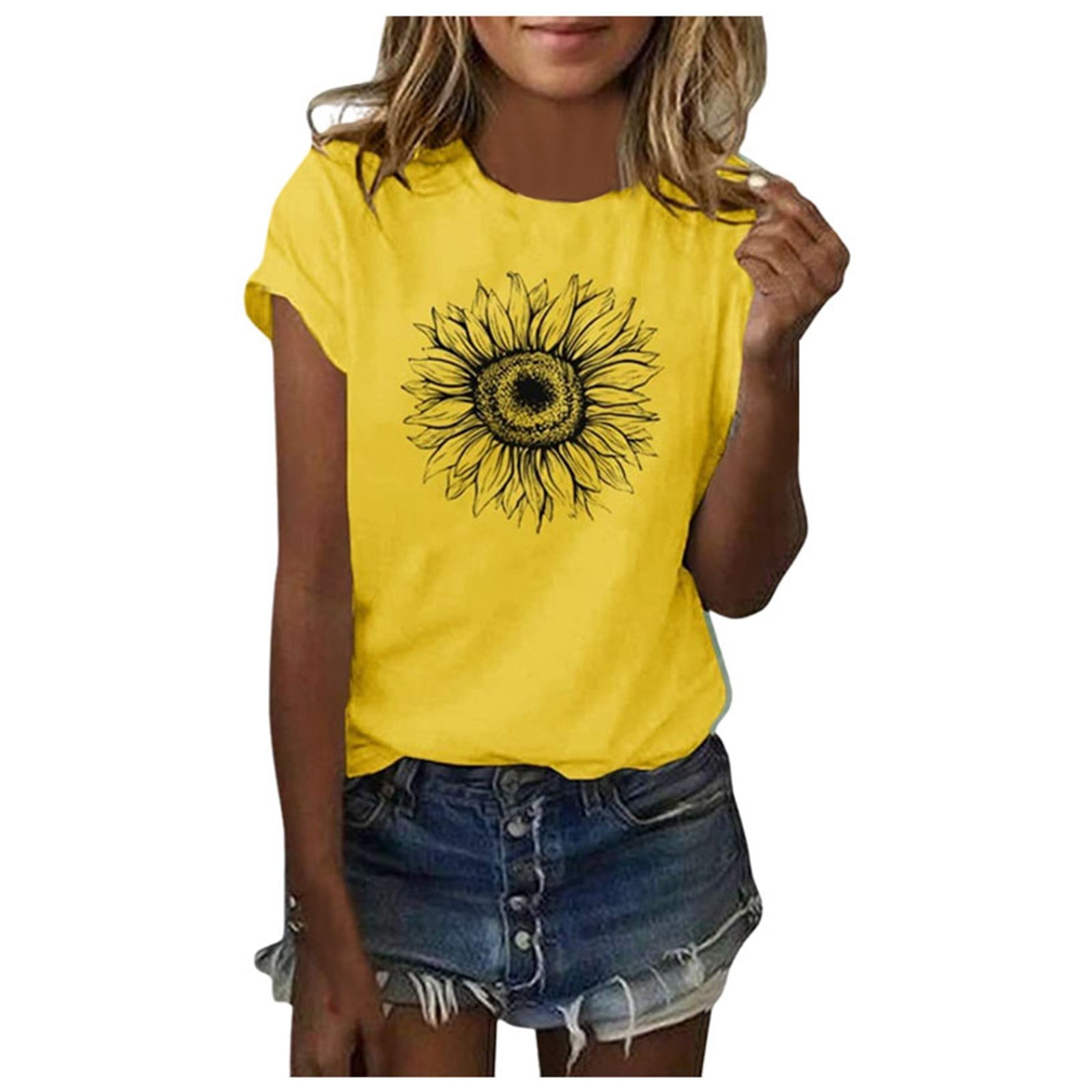 Blphud Womens Basic Tee Exercise Tops Women's Sunflower Print Casual ...