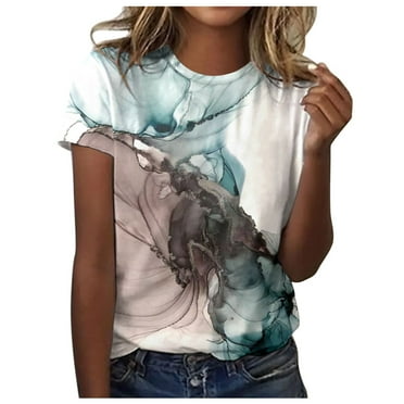Blphud Womens Fitted Tshirt Summer Tops for Women 2024 Short Sleeve Tops for Women Summer Womens Spring Summer Colorful Printed O Neck T Shirt Top Shirts for Women Brown S