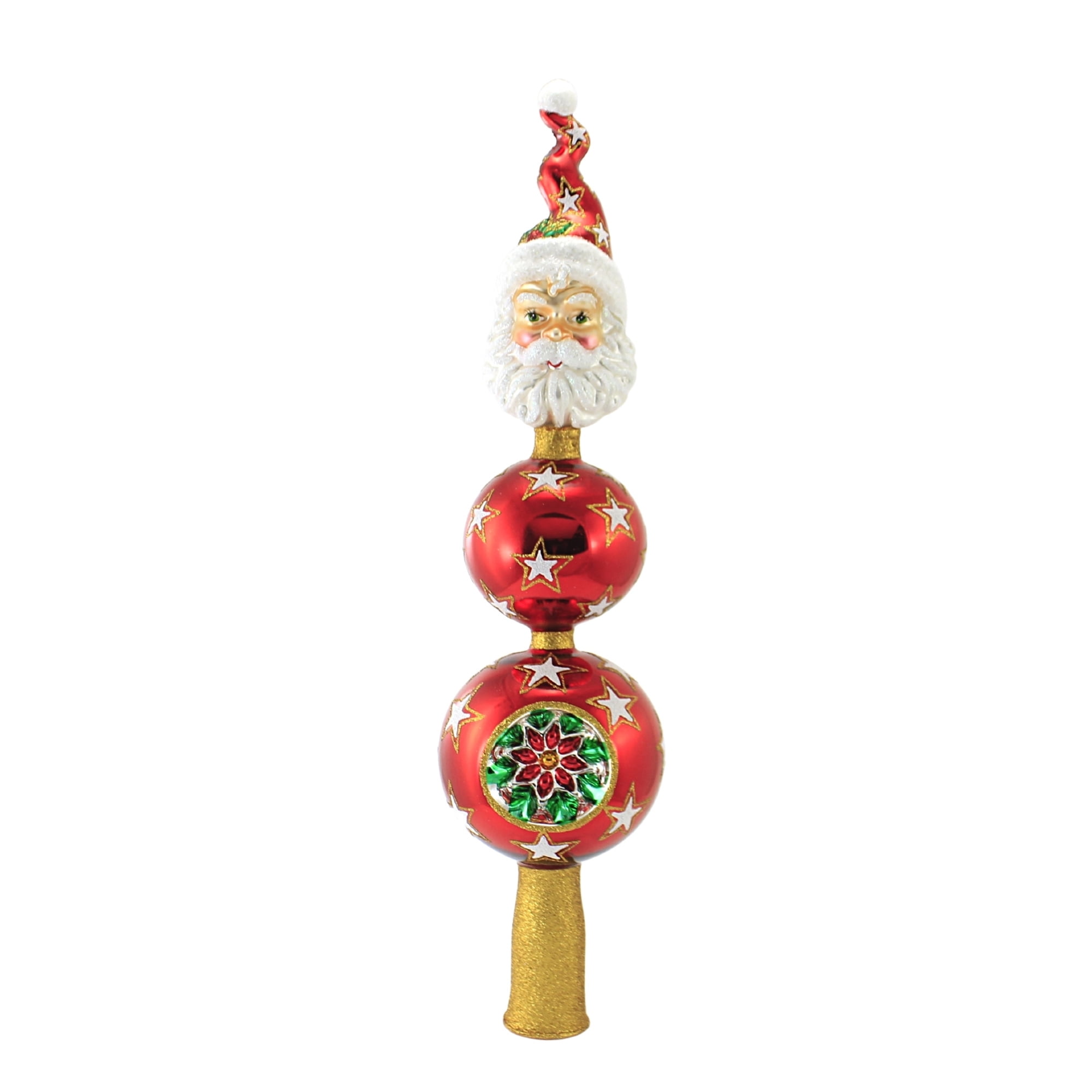 Santa Stars and Poinsettia Red Glass Christmas Tree Topper