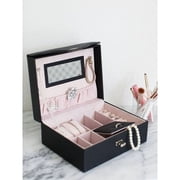 Blu Monaco Black Leather Mirrored Jewelry Box