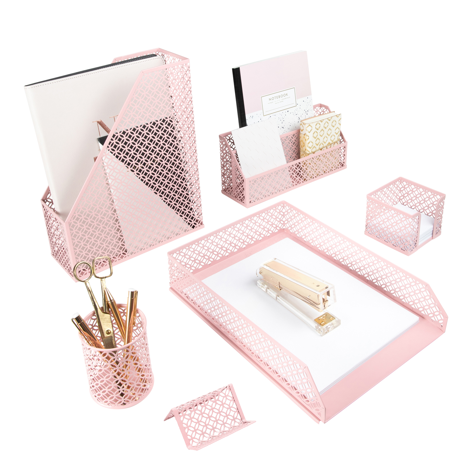 Blu Monaco Desk Organizer Set Lattice Metal 6-Compartment Desktop Organizer, Light Pink, 6 Count