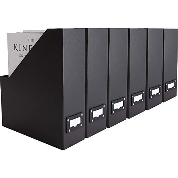 Blu Monaco Foldable Black Magazine File Holder with Leather Label Holder - Set of 6 Cardboard Magazine File Boxes Desk File Organizer