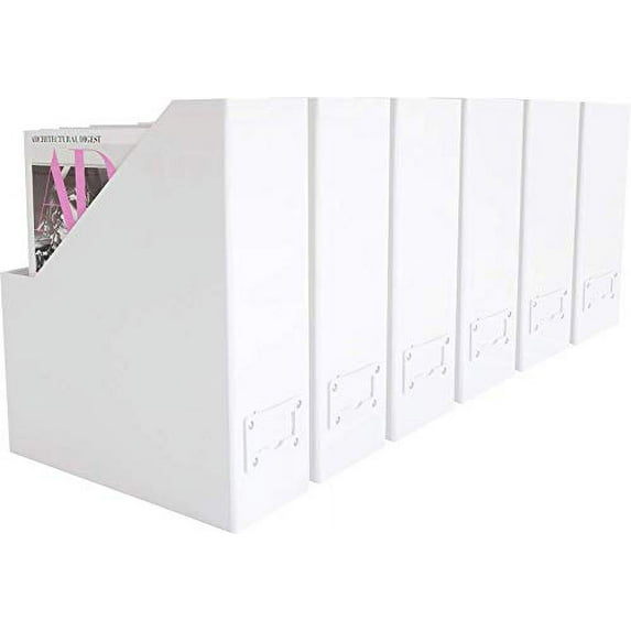 Blu Monaco Foldable White Magazine File Holder with Leather Label Holder - Set of 6 - Cardboard Magazine File Boxes Desk File Organizer