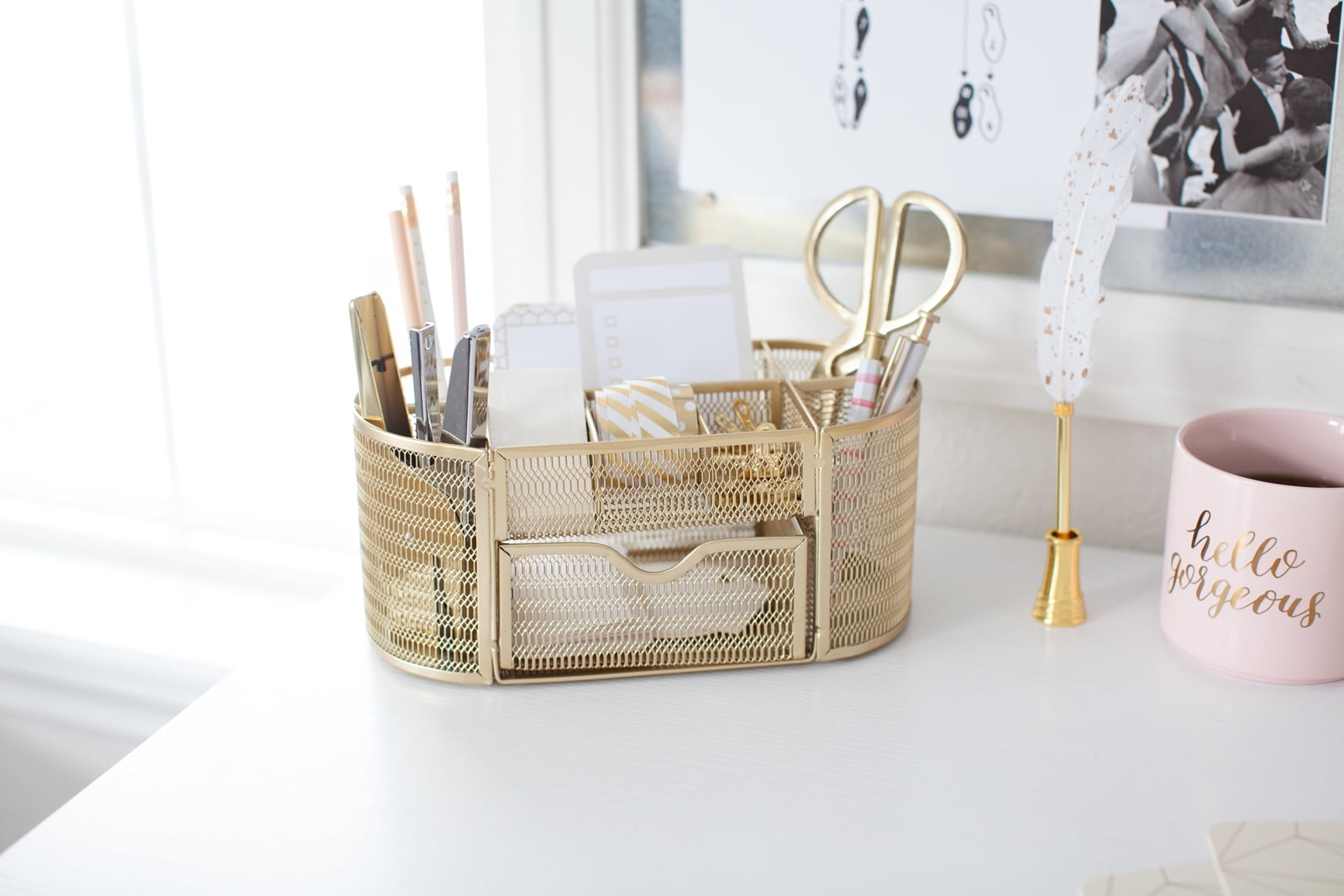 Blu Monaco Gold Desk Organizer with Drawer - for Home or Office