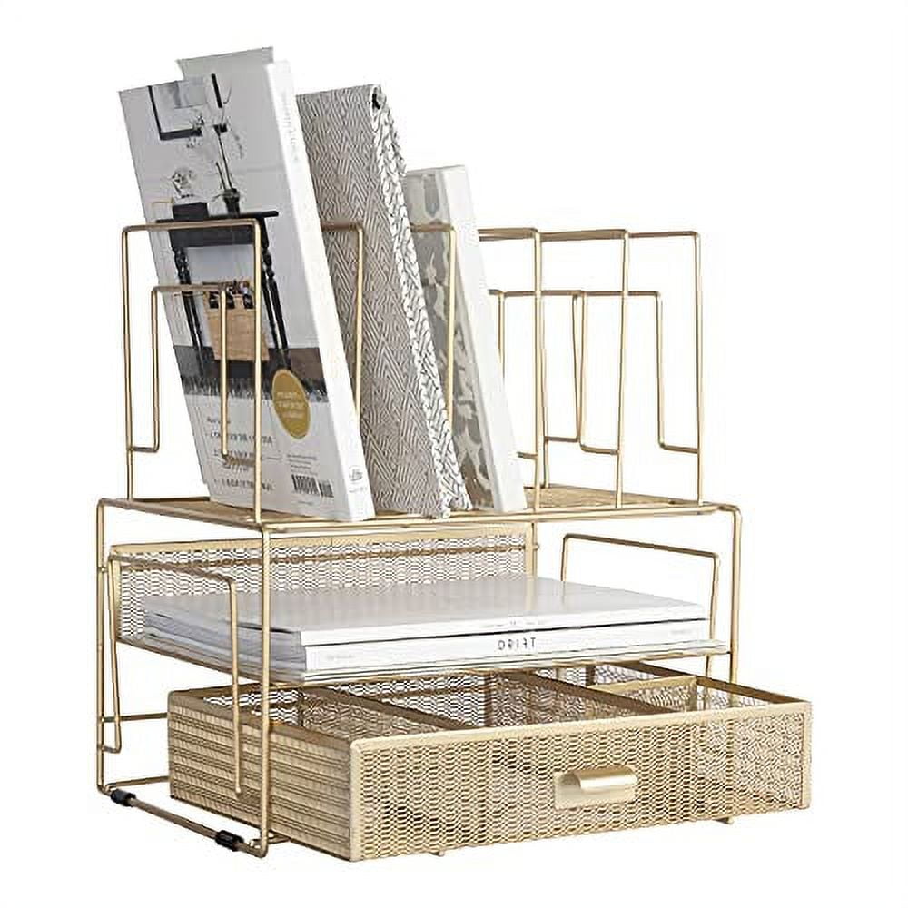 Gold Powder Coated Metal Mesh Desk Organizer with Drawer