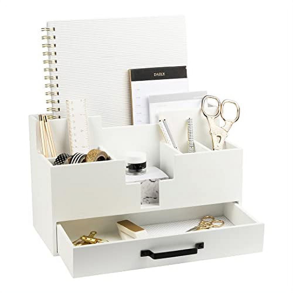 White Wood Multi-Compartment Desk Organizer with Drawer