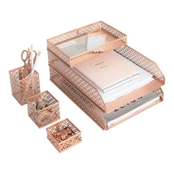 Blu Monaco Office Supplies Rose Gold Desk Accessories for Women-6 Piece Interlocking Desk Organizer Set- Pen Cup, 3 Assorted Accessory Trays, 2 Letter Trays-Rose Gold Room Decor for Women - Teen Girls