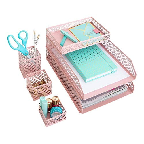 Blu Monaco Riviera 6-Compartment Desktop Organizer with 1 Medium Accessory Tray, Pink, 6 Count
