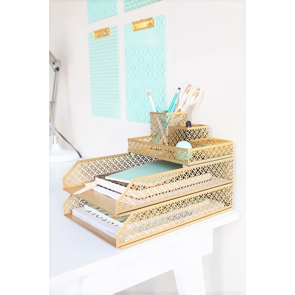 Blu Monaco Riviera 6 Piece Gold Interlocking Desk Organizer Set