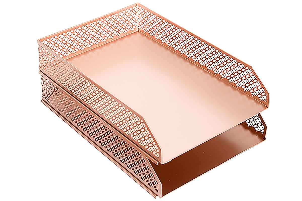 Rose Gold Metal Stackable Letter Tray Set for Desk Organization
