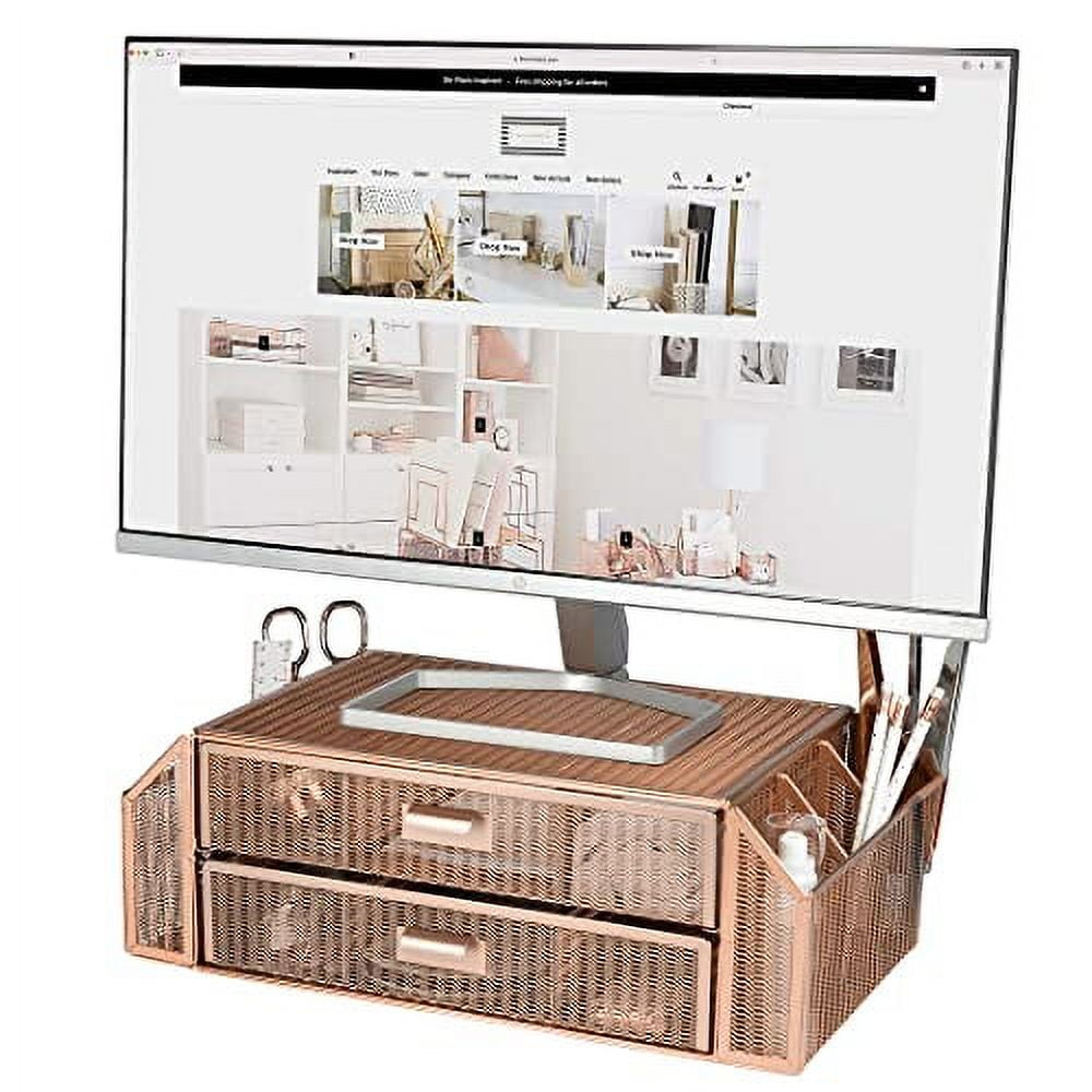 Rose Gold Metal Monitor Stand with Dual Drawers and Storage Compartments