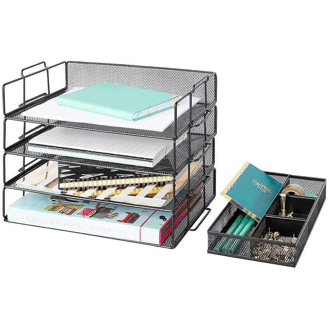 Blu Monaco Stackable Paper Trays - 4 Tier - Black Metal Mesh - Letter Size