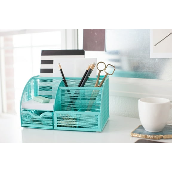 Blu Monaco Unique Metal Aqua Desk Organizer with Drawer