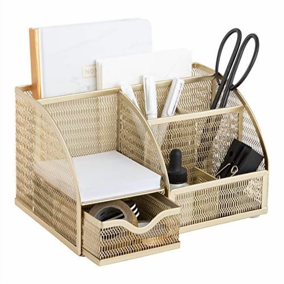Blu Monaco Unique Metal Gold Desk Organizer with Drawer