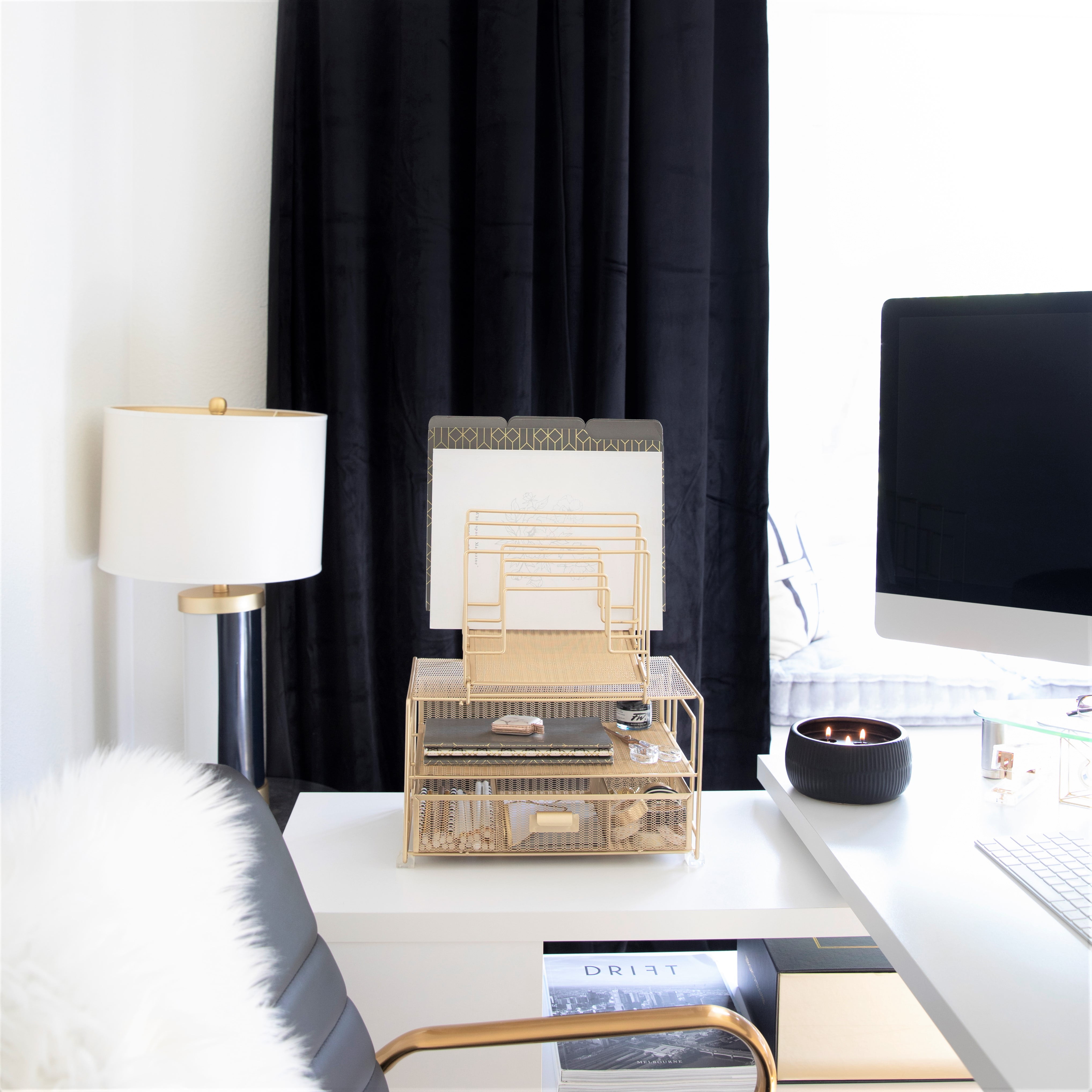 Gold Metal Mesh Desk Organizer with Drawer and File Sorters