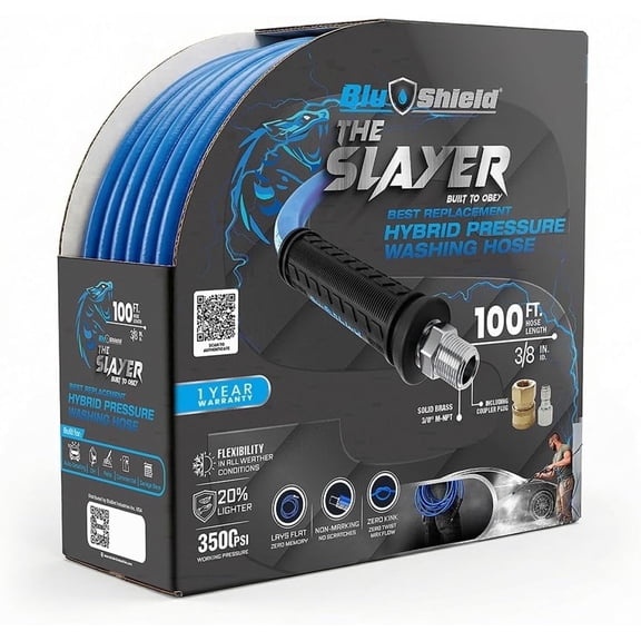 Blu Shield The Slayer Hybrid Pressure Washing Hose 3/8" X 100' with Coupler/Plug -Blue