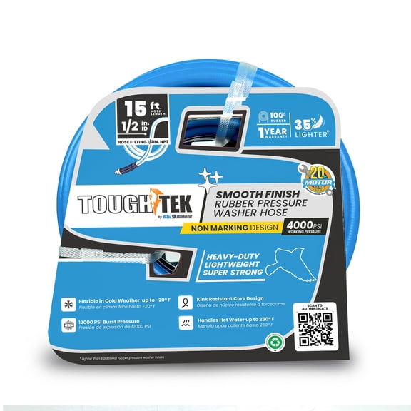 Blu Shield ToughTek Aramid Braided 1/2" x 15' Pressure Washer Hose - 4000 PSI Heavy-Duty Rubber Hose with 3/8" MNPT Fixed + Swivel, Hot/Cold Water Ready, Non-Marking & Weather-Flexible