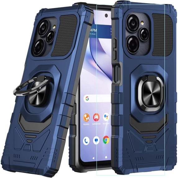 For Blu View Speed Ultra 5G Case with Tempered Glass Screen Protector,Military Grade Heavy Duty Shockproof Protective Cover,with Ring Kickstand for BLU B1660V - Blue