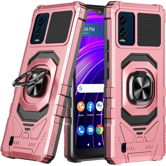 For Blu View Speed Ultra 5G Case with Tempered Glass Screen Protector,Military Grade Heavy Duty Shockproof Protective Cover,with Ring Kickstand for BLU B1660V - Rose Gold
